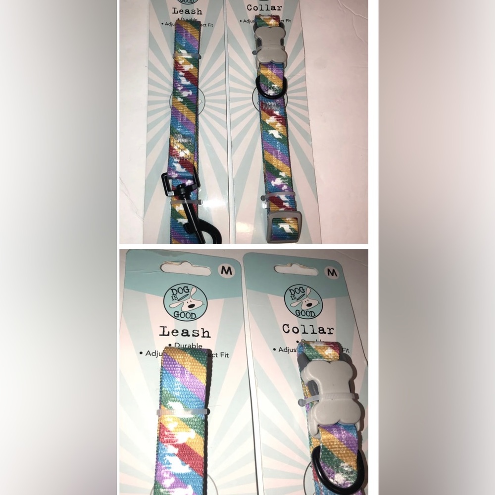 Dog is Good Dog Leash & Matching Collar/ Rainbow Design/ Size Medium/NEW